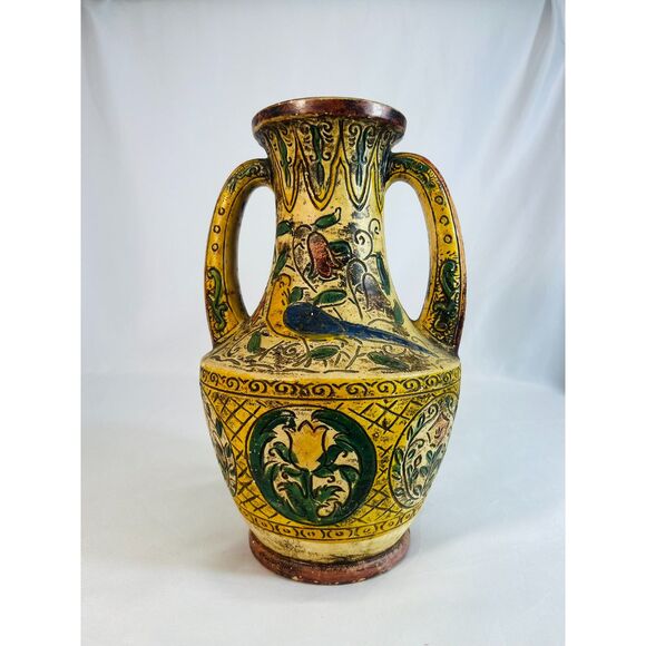Vintage MAJOLICA POTTERY VASE Persian Style Double Handle Floral Birds Japan